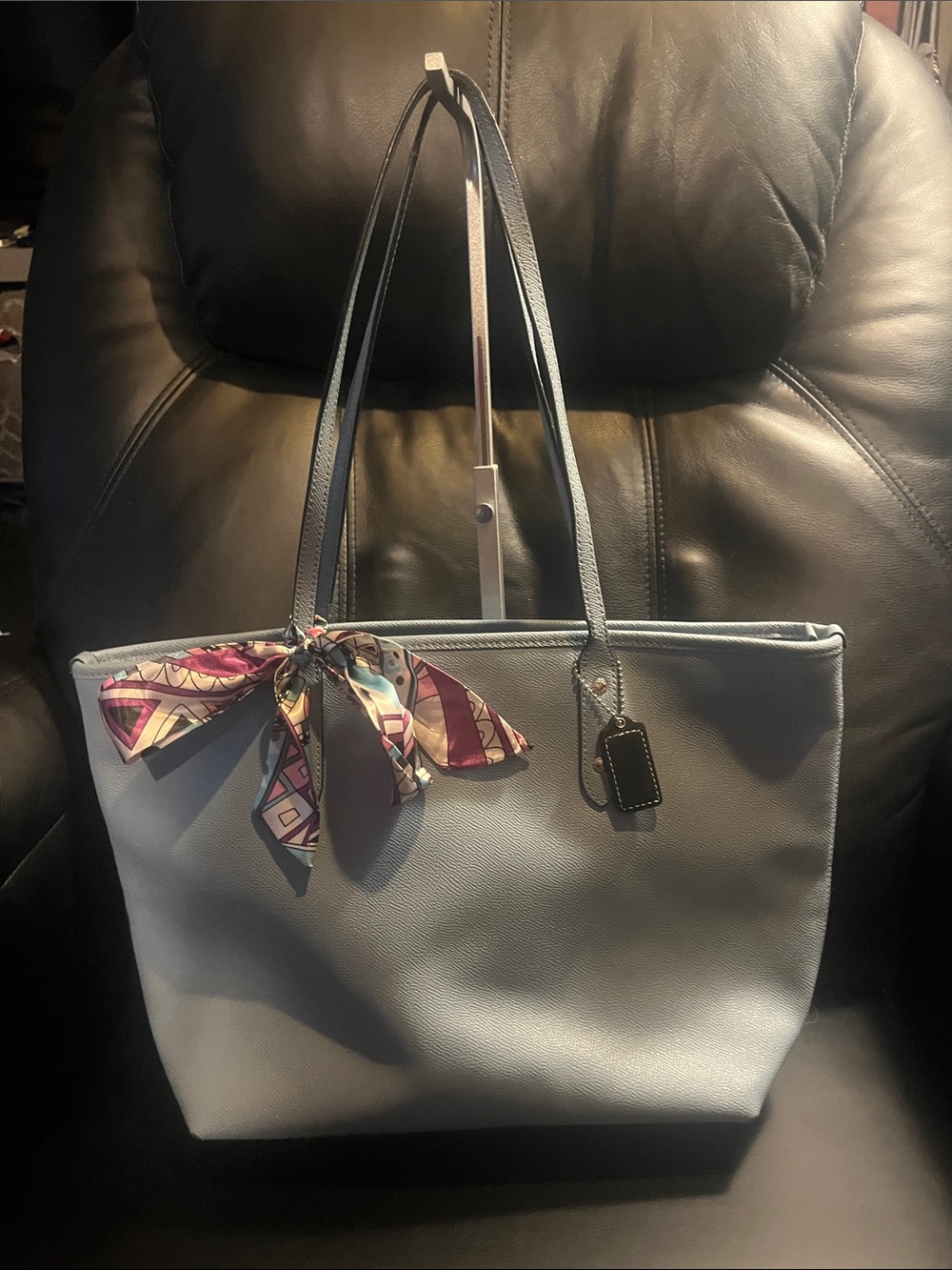 Baby blue Coach City Tote Bag with Patterned Scarf Accent